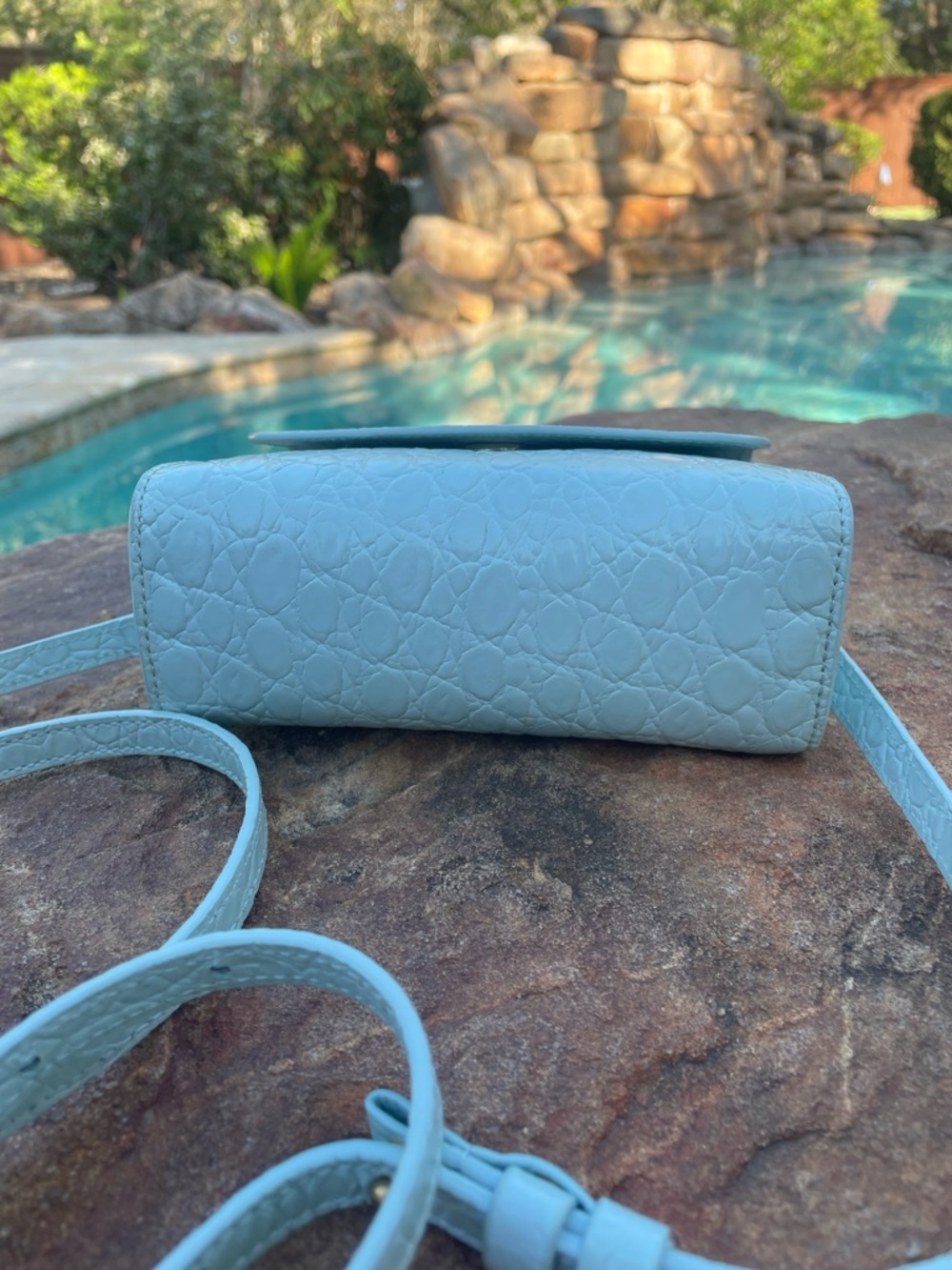 BY FAR Light Blue Croc-Embossed Mini Top-Handle Bag with Crossbody Strap (CdlG) - Picture 4 of 12